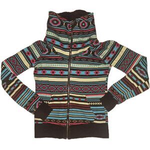Y2K H&M XS Aztec Multicolor Full Zip Sweatshirt High Neck Ski Skate Turtleneck